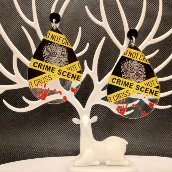 Crime Scene DO NOT CROSS Tape Earrings True Crime Serial Killer Murder - Picture 3 of 4